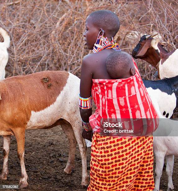Masai Madre Con Bambino Su Indietro Mungere Capra - Fotografie stock e altre immagini di Bebé - Bebé, Bestiame, Madre