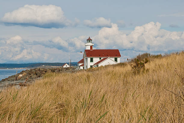 Point Wilson Lighthouse and Grassy Foreground stock photo