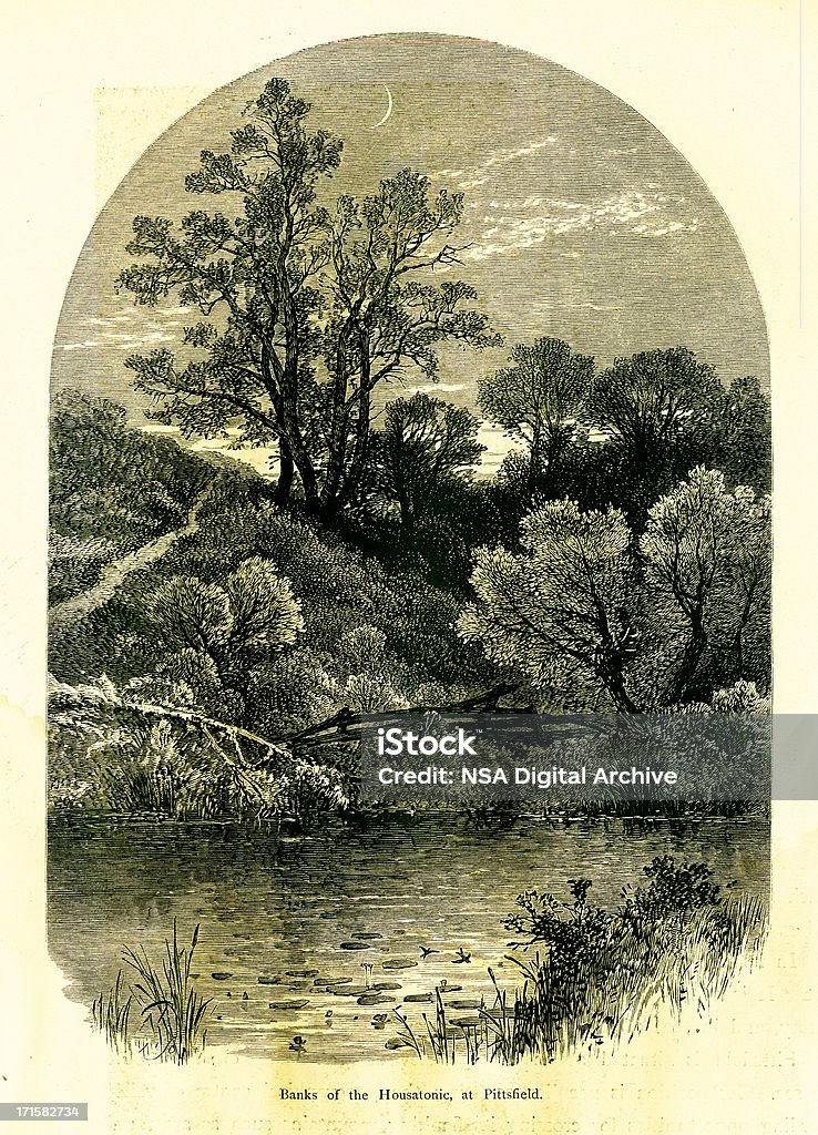 Ribera del río Housatonic en Pittsfield, Massachusetts, madera - Ilustración de stock de Massachusetts libre de derechos