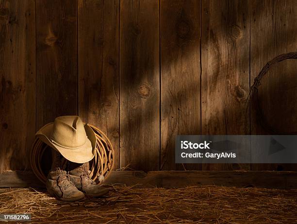 Western Packer Stivali Cappello Lazo Nel Fienile Pianoraggio Di Sole Su Barnwood Parete - Fotografie stock e altre immagini di Fienile