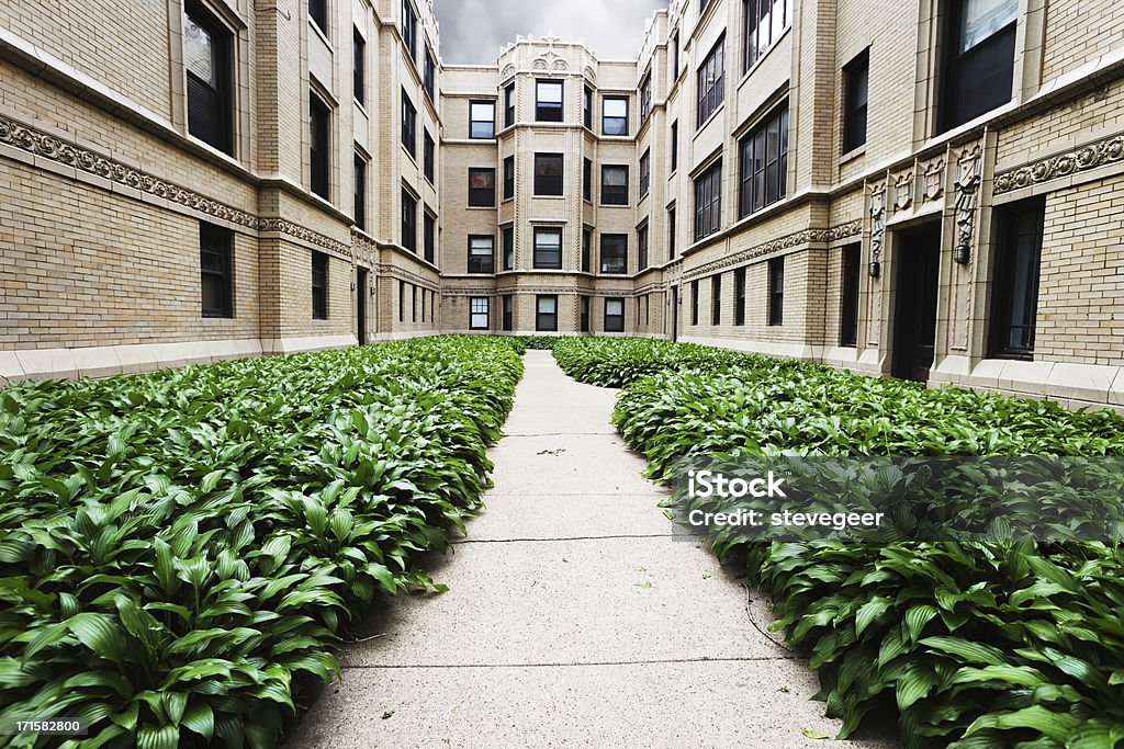 Apartment Buildings with Hostas in Rogers Park, Chicago  Chicago - Illinois Stock Photo