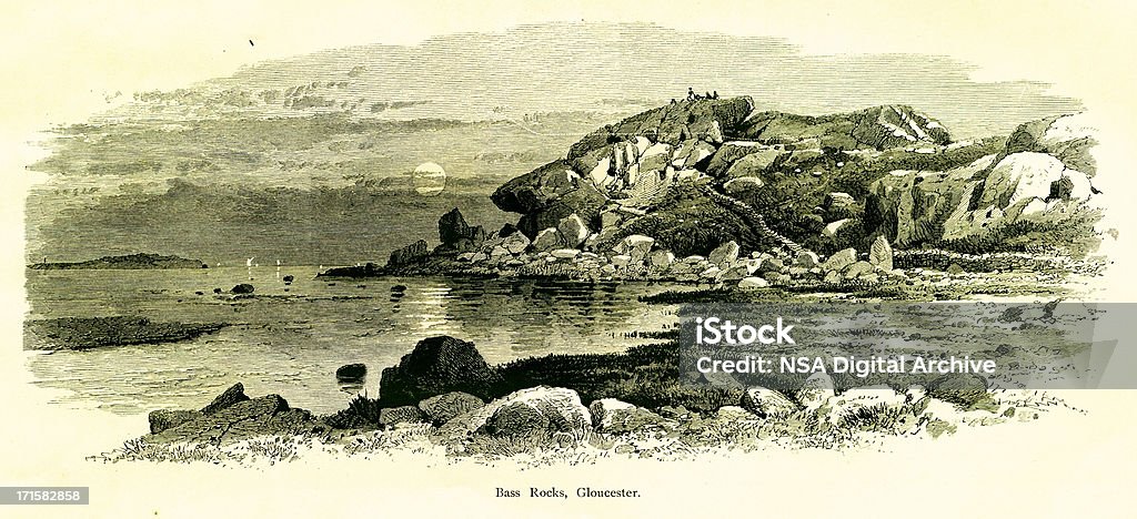 Bass Rock, Gloucester, Massachusetts, madera marcas grabadas (1872) - Ilustración de stock de Grabado - Objeto fabricado libre de derechos