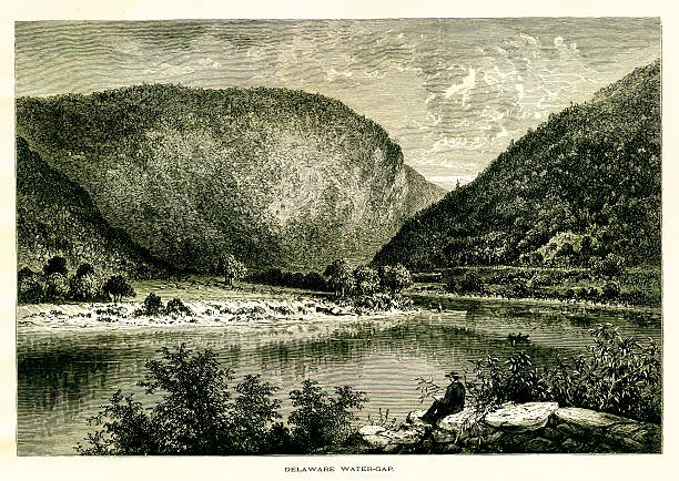 Delaware Water Gap Antique illustration of Delaware Water Gap on the border of New Jersey and Pennsylvania, USA. Published in Picturesque America or the Land We Live In (D. Appleton & Co., New York) in 1872. paradise pennsylvania stock illustrations
