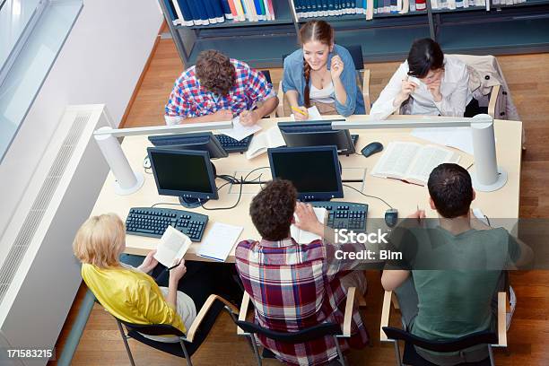 Studentów Praca W Bibliotece Szerokokątny Widok Tabeli - zdjęcia stockowe i więcej obrazów Ujęcie z góry