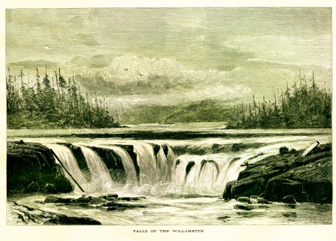 19th-century illustration of Willamette Falls, Oregon, USA. Engraving published in Picturesque America (D. Appleton & Co., New York, 1872). MORE VINTAGE AMERICAN ILLUSTRATIONS HERE: