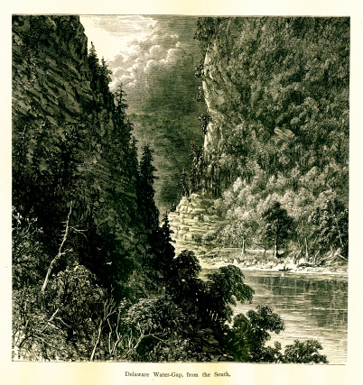 Wood engraving of Delaware Water Gap on the border of New Jersey and Pennsylvania, USA. Published in Picturesque America or the Land We Live In (D. Appleton & Co., New York, 1872).