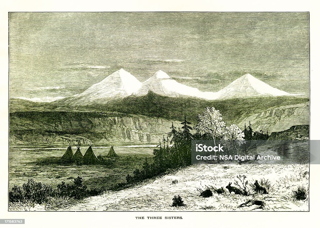 Las tres hermanas, Oregon-Historic American ilustraciones - Ilustración de stock de Volcán libre de derechos