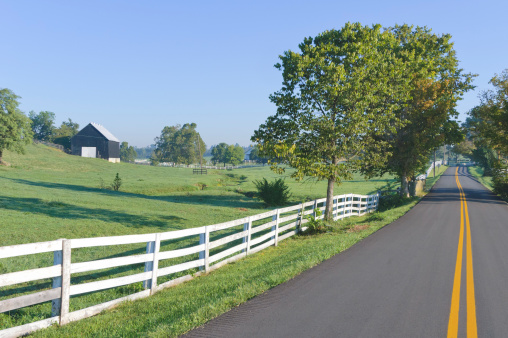 Country road through farm land on a sunny morning, a rural highway near Lexington, Kentucky, KY, USA.