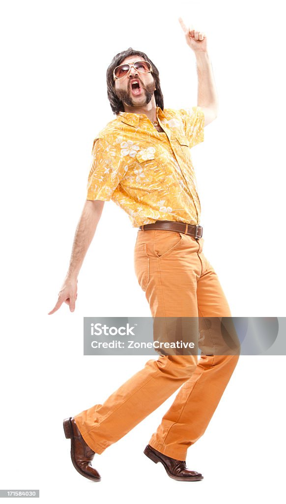 1970 vintage Camisa Havaiana homem dançar discoteca isolada no branco " - Foto de stock de Fora De Moda - Estilo royalty-free