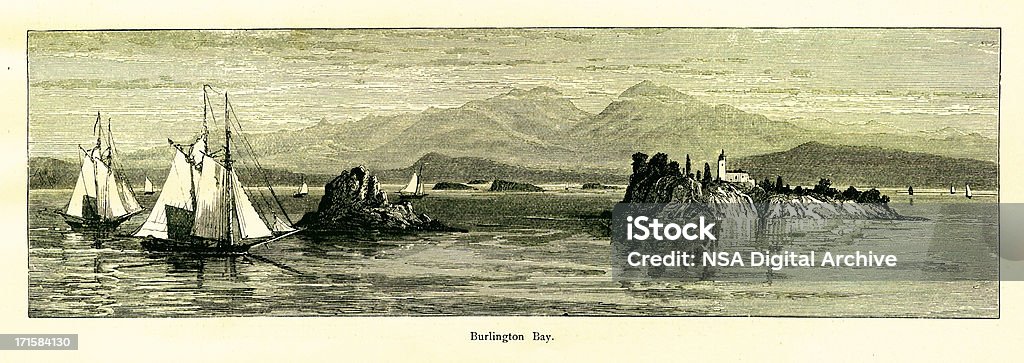 Burlington Bay, Lago Champlain, Vermont/histórico de ilustrações americano - Royalty-free Burlington - Vermont Ilustração de stock
