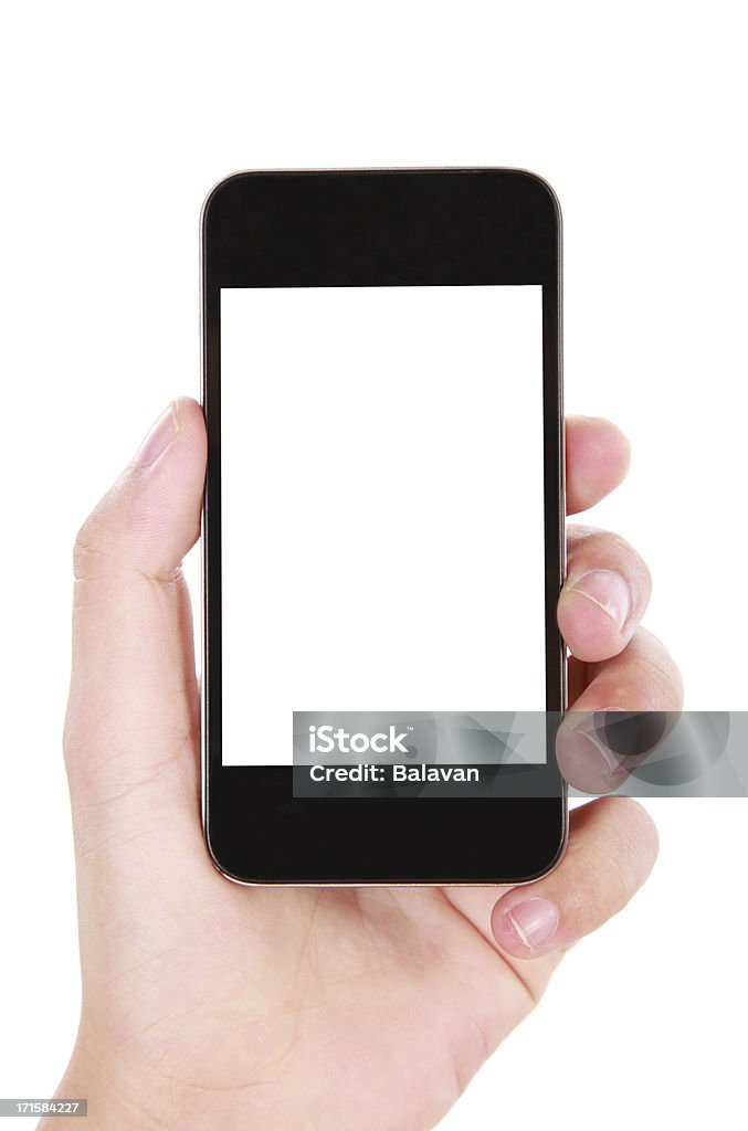 Mão segurar ecrã em branco telefone inteligente, sobre fundo branco - Royalty-free De Mãos Dadas Foto de stock