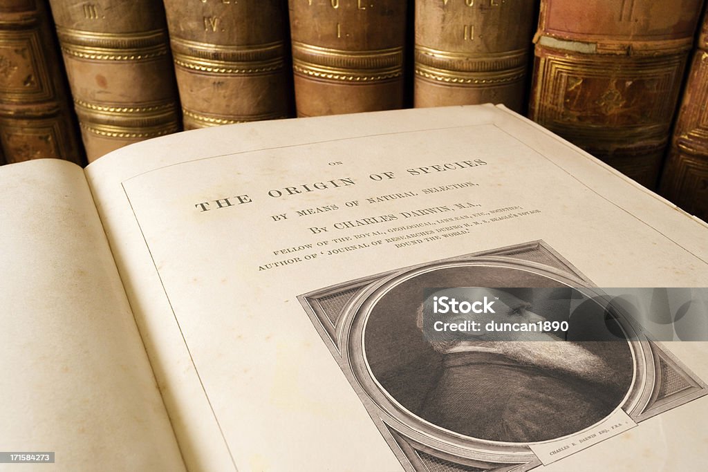 Origin of Species - Charles Darwin Antique copy of On the Origin of Species by Charles Darwin, first published in 1859 it is considered to be the foundation of evolutionary biology Charles Darwin - Naturalist Stock Photo