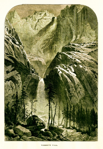 Antique illustration of Yosemite Falls, California. Engraving published in Picturesque America (D. Appleton & Co., New York, 1872).