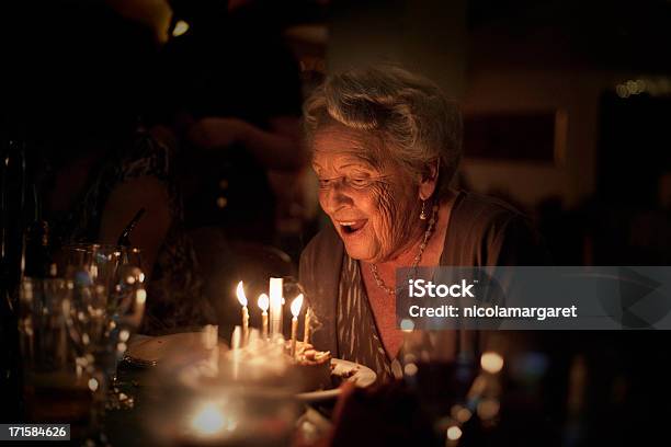 Elderly Lady Birthday Celebration Stock Photo - Download Image Now - Birthday, Senior Adult, Party - Social Event