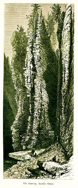 19th-century engraving of The Stairway, Ausable Chasm, in the U.S. state of New York.Published in Picturesque America or the Land We Live In (D. Appleton & Co., New York, 1872).