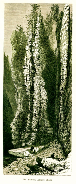 19th-century engraving of The Stairway, Ausable Chasm, in the U.S. state of New York.Published in Picturesque America or the Land We Live In (D. Appleton & Co., New York, 1872).