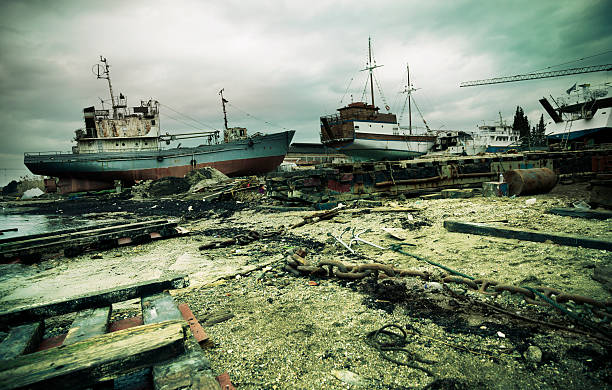 istock Abandoned ships on the dock. Crisis in shipping industry. 171585029