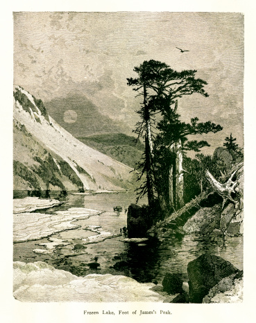 19th-century illustration of Frozen Lake, a crater lake at the foot of James Peak, U.S. state of Colorado. Engraving published in Picturesque America (D. Appleton & Co., New York, 1872). MORE VINTAGE AMERICAN ILLUSTRATIONS HERE:
