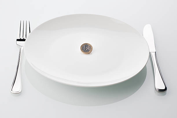 one euro coin on empty white plate, symbol for crisis, on white background