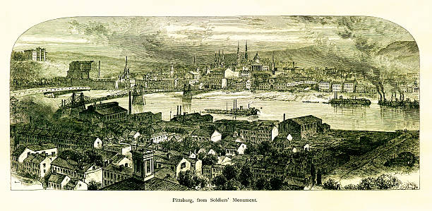 Pittsburgh, Pennsylvania | Historic American Illustrations 19th-century view of Pittsburgh, a city in the Ohio River Valley, U.S. state of Pennsylvania. Engraving published in Picturesque America (D. Appleton & Co., New York, 1872). paradise pennsylvania stock illustrations