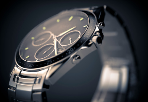 A men's wristwatch on a dark background.  Designed and modelled in 3D by myself. All markings and designs are fictitious.  Very high resolution 3D render.