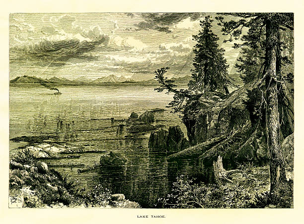19th-century engraving of Lake Tahoe in the Sierra Nevada mountain range, USA. Illustration published in Picturesque America (D. Appleton & Co., New York, 1872). MORE VINTAGE AMERICAN ILLUSTRATIONS HERE: