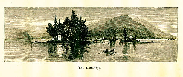 ilustraciones, imágenes clip art, dibujos animados e iconos de stock de the hermitage, el lago george, nueva york - panoramic great appalachian valley the americas north america