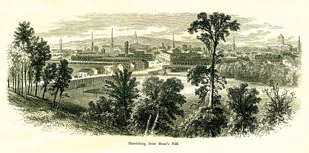 Harrisburg, Pennsylvania Harrisburg, the capital of the U.S. state of Pennsylvania, located on the east bank of the Susquehanna River. Published in Picturesque America or the Land We Live In (D. Appleton & Co., New York, 1872). paradise pennsylvania stock illustrations