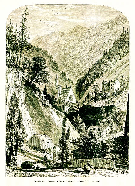 View of Mauch Chunk, Pennsylvania Mauch Chunk from the foot of Mount Pisgah, a peak in the Endless Mountains, Pennsylvania, USA.Published in Picturesque America or the Land We Live In (D. Appleton & Co., New York, 1872). paradise pennsylvania stock illustrations