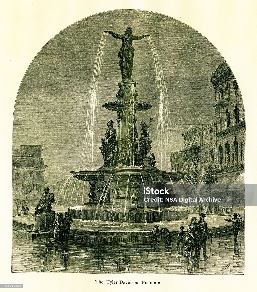 Tyler Davidson Fountain, Cincinnati, Ohio Tyler Davidson Fountain, a statue and fountain in Cincinnati, Ohio, USA. Published in Picturesque America or the Land We Live In (D. Appleton & Co., New York, 1872). Fountain stock illustration