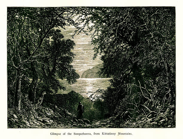 The Susquehanna River, USA, wood engraving (1872) Susquehanna River viewed from the Kittatinny Mountains, USA. Published in Picturesque America or the Land We Live In (D. Appleton & Co., New York, 1872). paradise pennsylvania stock illustrations