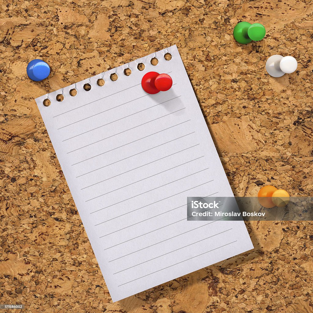Hi-Res Lined Notebook Paper Pinned On A Cork Bulletin Board This High Resolution Isolated Image of Notebook Lined Paper Pinned on a Cork Bulletin Board, is defined with exceptional detail and richness, and represents the excellent choice for implementation in various CG Projects.  Art Stock Photo