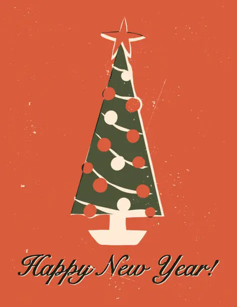 Vector illustration of Happy New Year retro mid-century style greeting card, a cute decorated Christmas Tree decorated with ornaments and string lights. Vector vintage style card, banner, poster, art print hand-drawn design