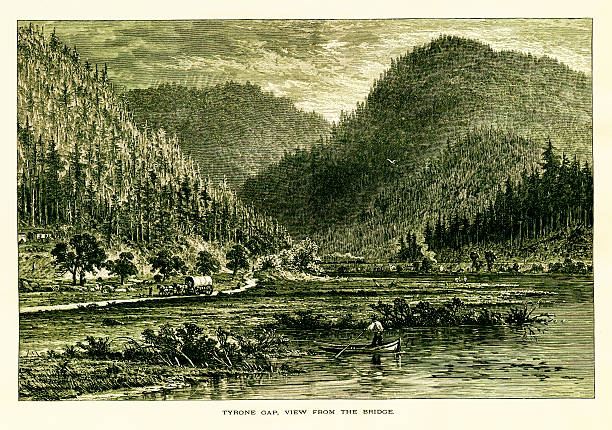 Tyrone gap, Pennsylvania Tyrone gap, a water gap between the Brush and Bald Eagle Mountain ridges, Pennsylvania. Published in Picturesque America or the Land We Live In (D. Appleton & Co., New York, 1872). paradise pennsylvania stock illustrations