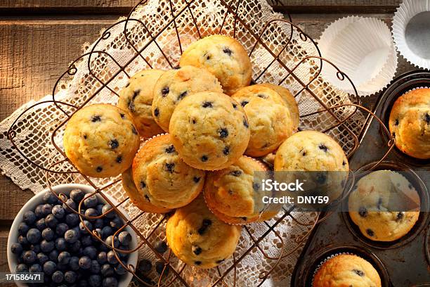 Blueberry Muffins Stock Photo - Download Image Now - Blueberry Muffin, Directly Above, Basket