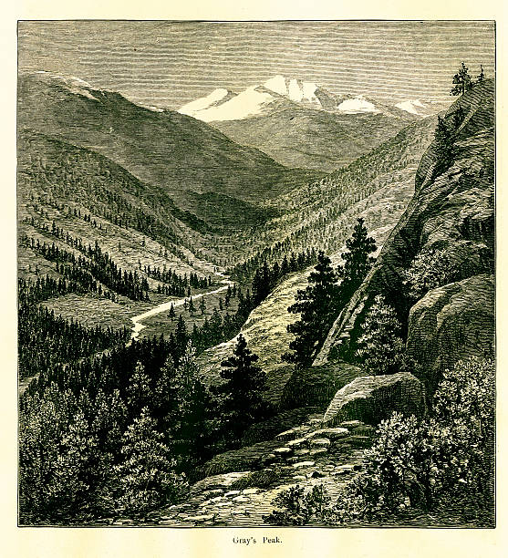 Grays Peak, Colorado Grays Peak, the highest mountain in the Front Range of the Southern Rocky Mountains, Colorado, USA. Published in Picturesque America or the Land We Live In (D. Appleton & Co., New York, 1872). colorado illustrations stock illustrations