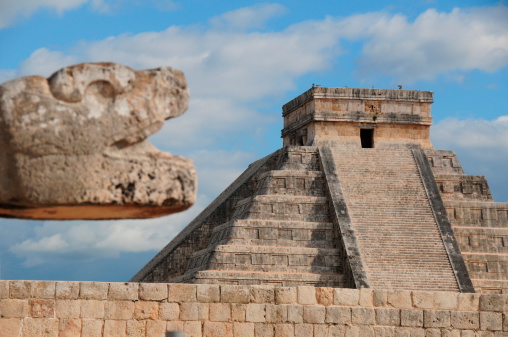 Telephoto image of Mayan pyramid temple, shot from the Ball game arena.