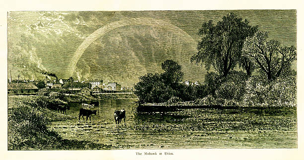 illustrations, cliparts, dessins animés et icônes de rivière mohawk utica, dans l'état de new york, en bois gravé (1872) - mohawk valley
