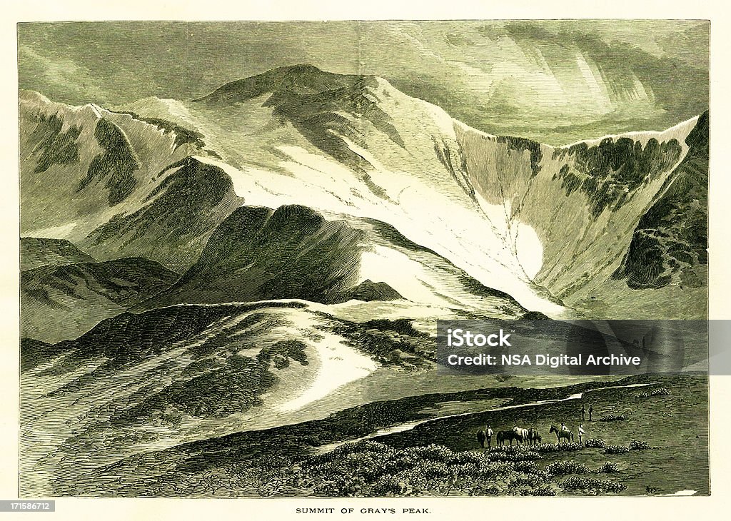 Summit di grigi, in Colorado, legno incisione (Anno 1872) - Illustrazione stock royalty-free di Alpinismo