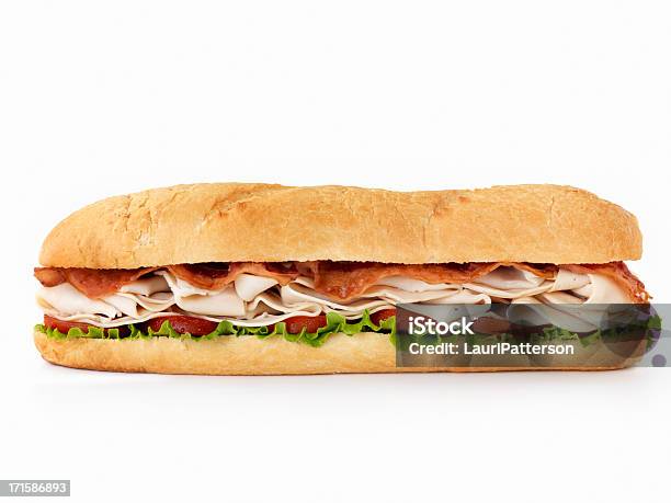 Foot Long Turkey Club Submarine Sandwich Stock Photo - Download Image Now - Submarine Sandwich, Sandwich, Cut Out