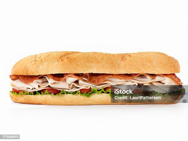 Foot Long Turkey Club Submarine Sandwich Stock Photo - Download Image Now - Sandwich, Submarine Sandwich, Cut Out