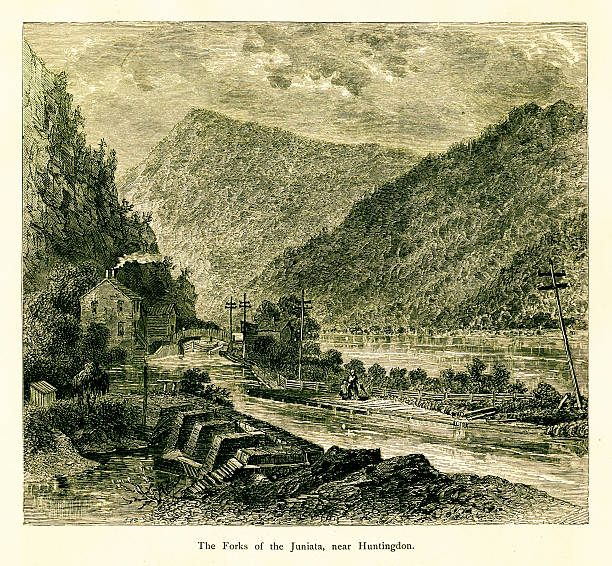 Forks of the Juniata River, Pennsylvania The Forks of the Juniata River, near Huntingdon, U.S. state of Pennsylvania. Published in Picturesque America or the Land We Live In (D. Appleton & Co., New York, 1872). paradise pennsylvania stock illustrations