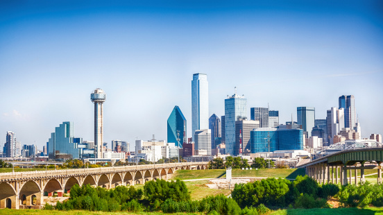 Dallas skyline seen during a bright blue day.More images from Dallas in the lightbox: