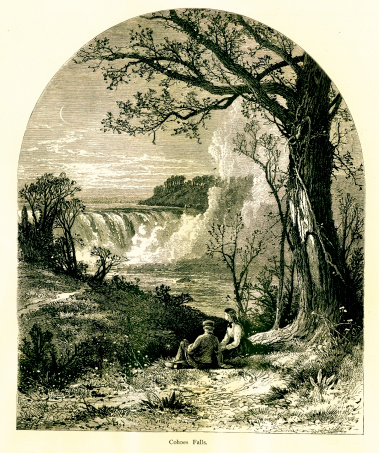 Cohoes Falls, a waterfall on the Mohawk River in the U.S. state of New York. Published in Picturesque America or the Land We Live In (D. Appleton & Co., New York, 1872).