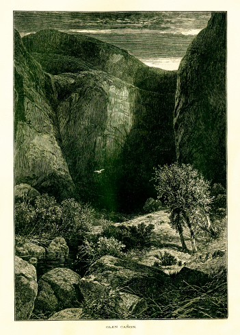 Antique illustration of Glen Canyon in the U.S. states of Utah and Arizona. Engraving published in Picturesque America (D. Appleton & Co., New York, 1872).MORE VINTAGE AMERICAN ILLUSTRATIONS HERE: