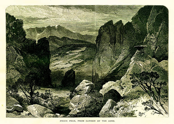 19th-century illustration of Pikes Peak mountain in Colorado, USA. Engraving published in Picturesque America (D. Appleton & Co., New York, 1872). MORE VINTAGE AMERICAN ILLUSTRATIONS HERE:
