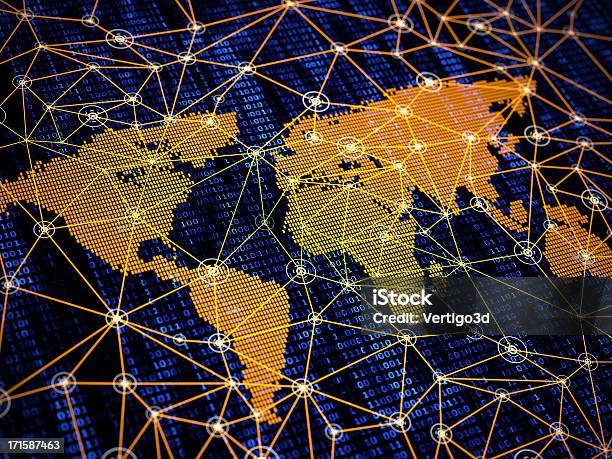 Global Internet Map Network Connection Stock Photo - Download Image Now - Orange Color, World Map, Blue
