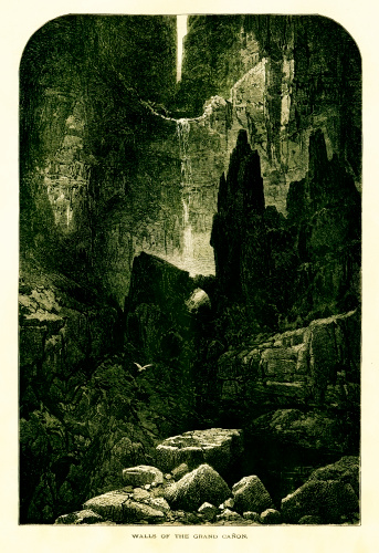 19th-century engraving of the walls of the Grand Canyon in the U.S. state of Arizona. Illustration published in Picturesque America (D. Appleton & Co., New York, 1872).