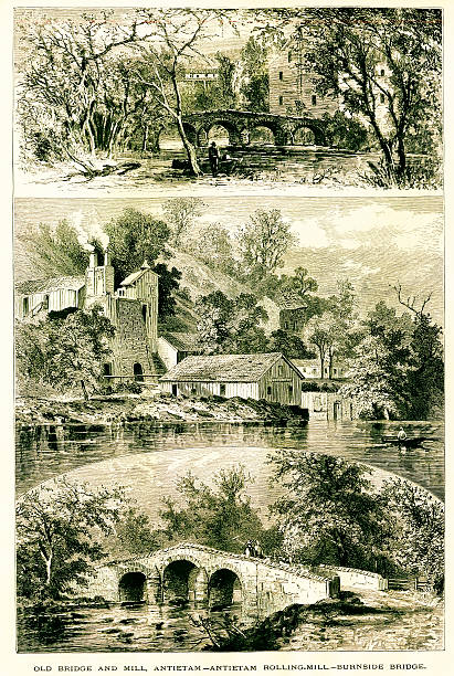 bildbanksillustrationer, clip art samt tecknat material och ikoner med burnside's bridge near maryland, wood engraving (1872) - antietam national battlefield