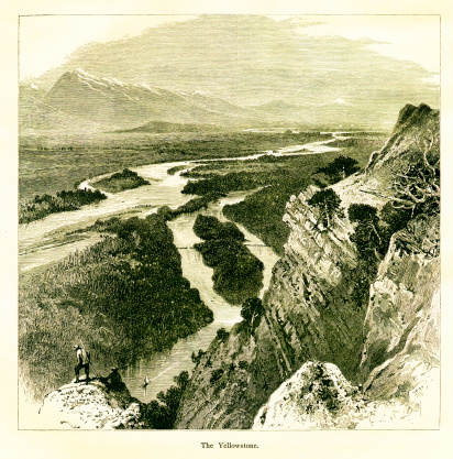 Antique engraving of a view of Yellowstone National Park, USA. Illustration published in Picturesque America (D. Appleton & Co., New York, 1872).